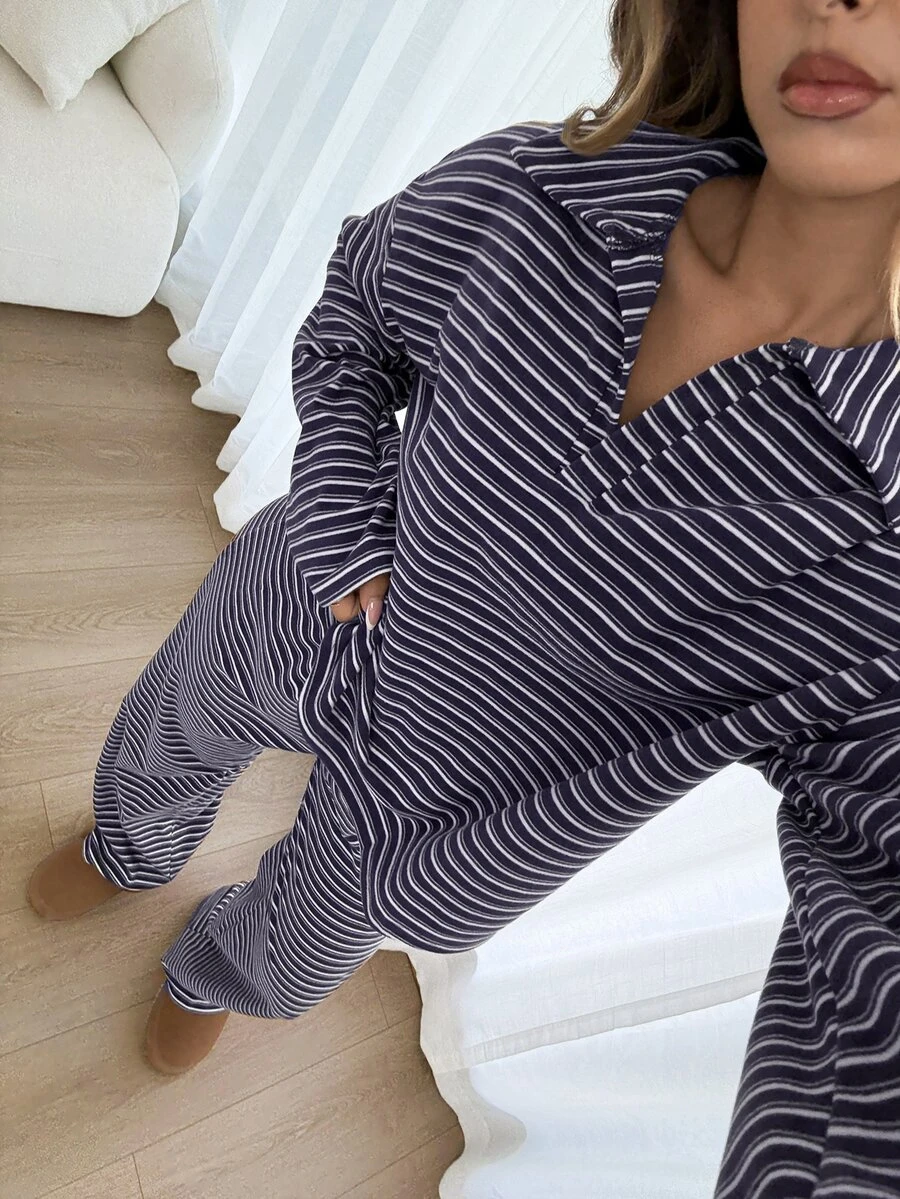 Siren Gaze Women's Striped Long Sleeve Top And Pants Casual Daily 2 Pieces Set - Royal Blue - View 1
