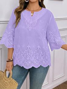 SHEIN LUNE 大尺碼女款燒花刺繡休閒百搭日常旅行襯衫 - 紫色 - 查看 4