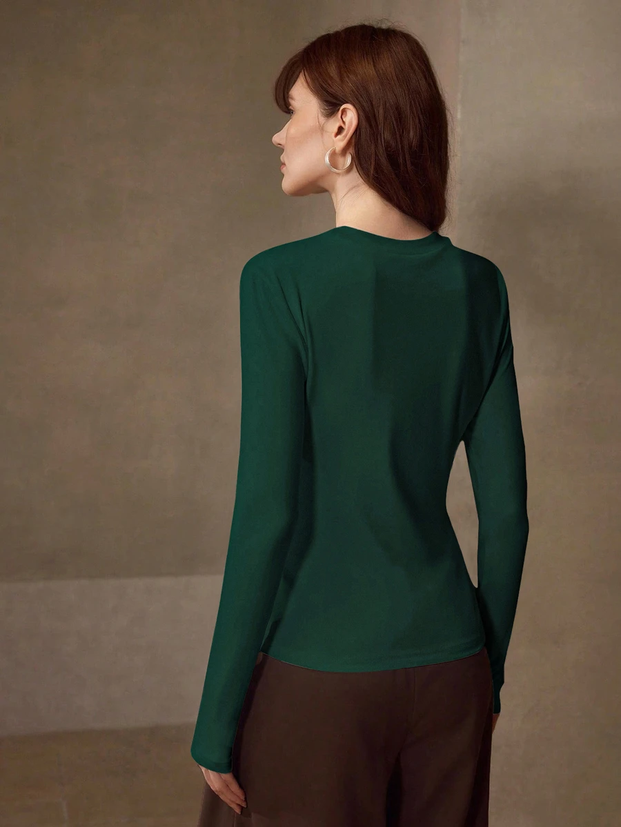 MOTF PREMIUM HIGH ELASTICITY SKIN-FRIENDLY SOLID COLOR ROUND NECK SLIM FIT FLATTERING FASHION LONG SLEEVE VERSATILE WOMEN'S BASE LAYER TOP - Dark Green - View 2