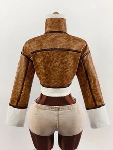 Amplova PU Composite Faux Fur Cropped Waist Jacket, Retro Dropped Shoulder, Autumn/Winter - Brown - View 12