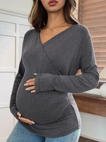 Dazy Maternity Solid Color Fitted Asymmetric V-Neck Long Sleeve Casual Vacation Spring/Autumn Maternity T-Shirt - Grey - View 5
