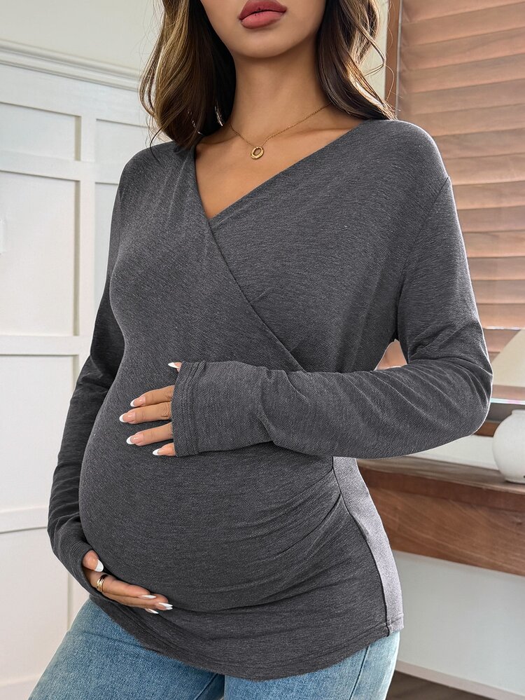 Dazy Maternity 純色修身不對稱V領長袖休閒度假風春夏/秋冬孕婦T恤 - 灰色 - 查看 5