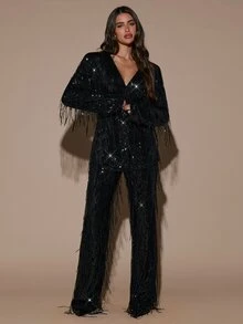 SHEIN BAE Women's Solid Color Sequin Tassel Design Fashionable Elegant Blazer - Black - View 8