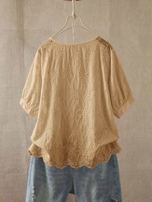 Rusticease Plus Size Vacation Casual Solid Color Hollow Embroidery Shirt - Khaki - View 2