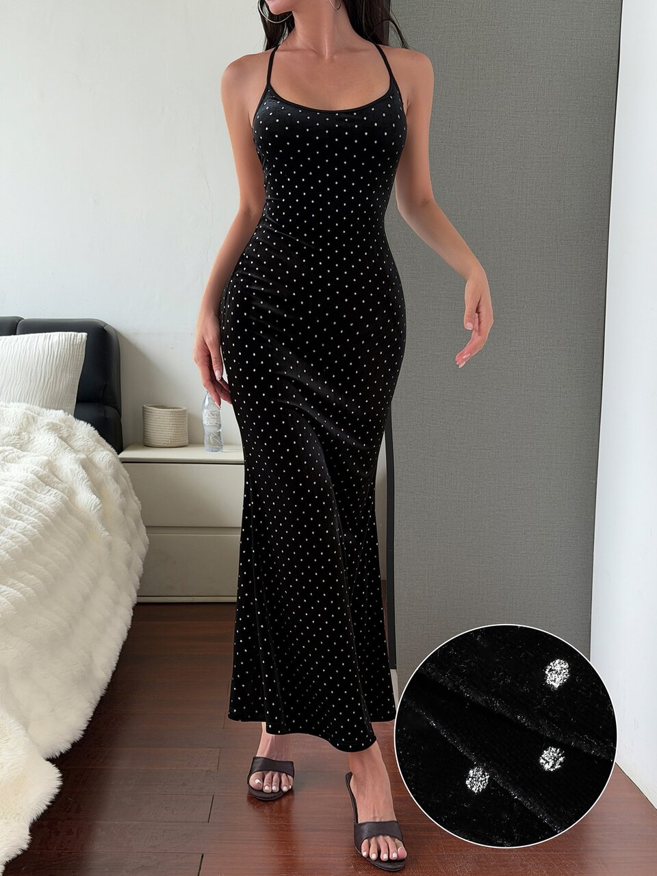Women's Polka Dot Print Mermaid Tail Tie Back Open Back Halter Neck Nightgown Fall