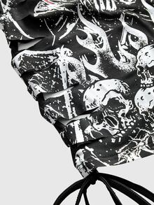 ROMWE Dark Gothic Burnout Hollow Skull Print Contrast Color Halter Neck Fitted Plus Size Short Dress Halloween - Black - View 4
