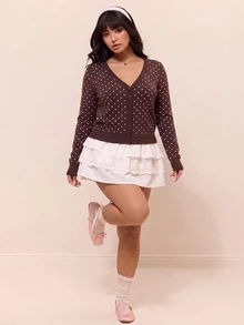 CovetEZ 女童新款粉色圓點V領長袖休閒大尺碼針織毛衣 - 棕色 - 查看 4