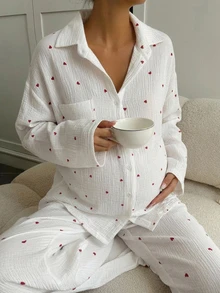 Dazy Maternity Contrast Color Heart Print Loose Long Sleeve Shirt & Straight Leg Pants Casual Daily Home Wear Spring Autumn Maternity 2 Pieces Set - White - View 8
