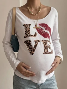 DAZY Letter Print Loose Long Sleeve Pullover Top Casual Streetwear Daily Spring Autumn Maternity T-Shirt - White - View 4