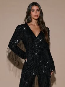 SHEIN BAE Women's Solid Color Sequin Tassel Design Fashionable Elegant Blazer - Black - View 7