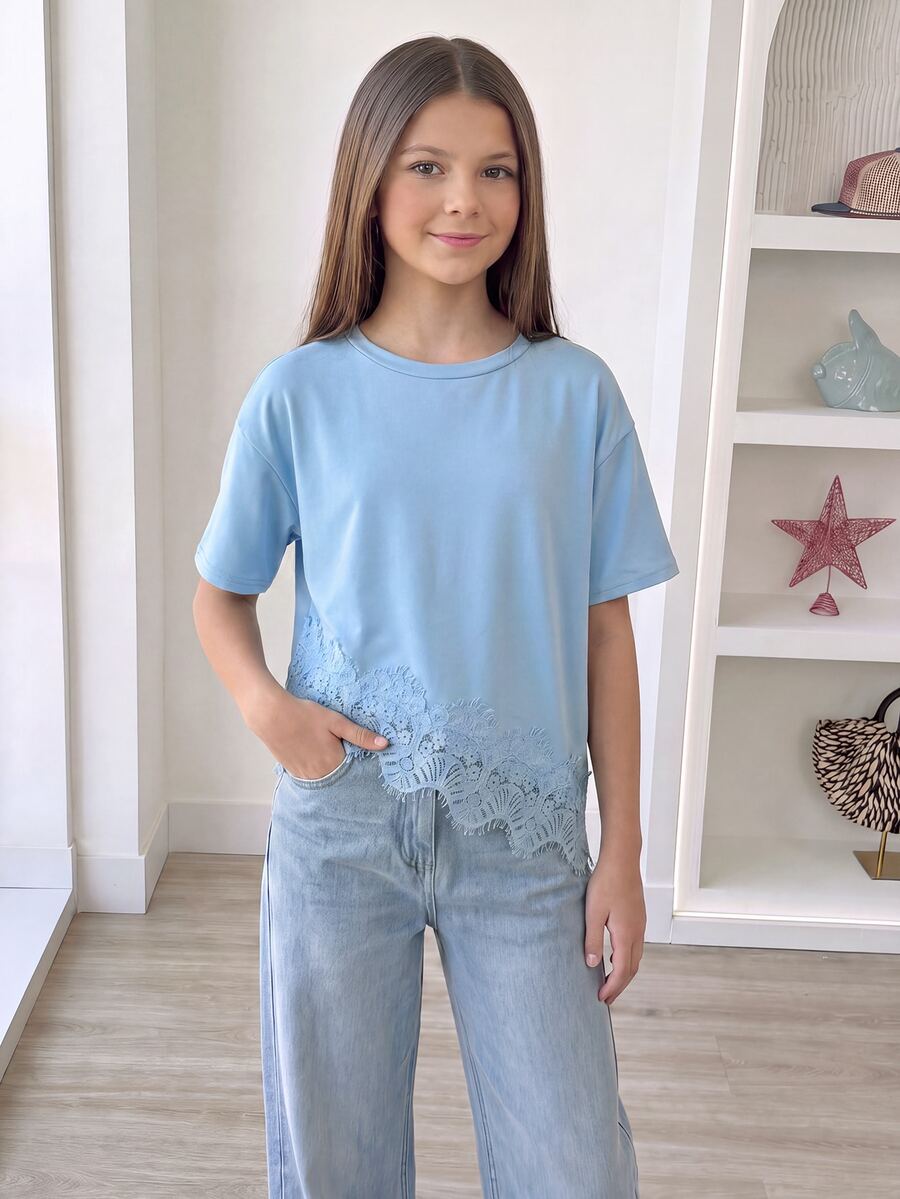 SHEIN Sparklyn 青少年女孩蕾絲拼接休閒百搭日常穿著T恤 - 藍色 - 查看 1