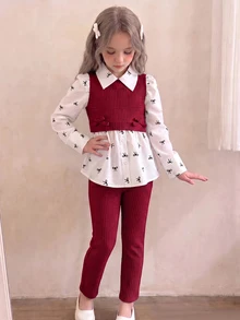 SHEIN 2件組少女學院風蝴蝶結印花蝴蝶結飾邊假兩件式翻領長袖羅紋針織褲裝套裝，聖誕家庭聚會度假拍照穿搭 - 酒紅色 - 查看 2