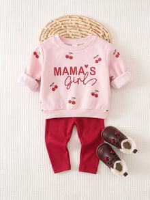 SHEIN 2pcs/Set Cute Cherry Pattern Sweatshirt & Elastic Waist Long Pants Outfit For Baby Girls - Pink - View 4