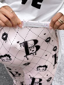 Lyckli Betty Boop x SHEIN Maternity Cartoon Print Split Hem T-Shirt And Adjustable Waist Fitted Leggings 2 Pieces Set - Pink - View 7