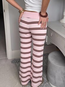CovetEZ 女款秋冬居家服 極簡舒適甜美休閒草莓粉學院風 條紋雙層收腰設計鈕扣不對稱米色極簡針織褲，適合日常穿著、秋冬、日常通勤、約會、聚會、夏季、派對、婚禮、海灘、畢業典禮等場合，優雅休閒，適合外出，Y2K - 彩色 - 查看 2