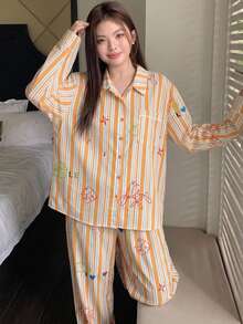 Dazy Plus 時尚可愛卡通印花滿版花卉條紋寬鬆女款大尺碼兩件式居家服套裝 春秋睡衣 - 橘色 - 查看 5