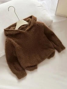 Young Girls Faux Mink Fur Hooded Pullover Sweater - Brown - View 3