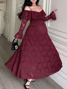DAZY Solid Color Loose Lace Long Sleeve Off-Shoulder Umbrella Skirt Elegant Vacation Spring/Autumn Maternity Dress - Red - View 3