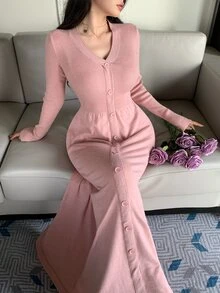 DAZY Women's Sweet Button Waist Long Sleeve Sweater Dress For Dating Fall - Pink - View 6