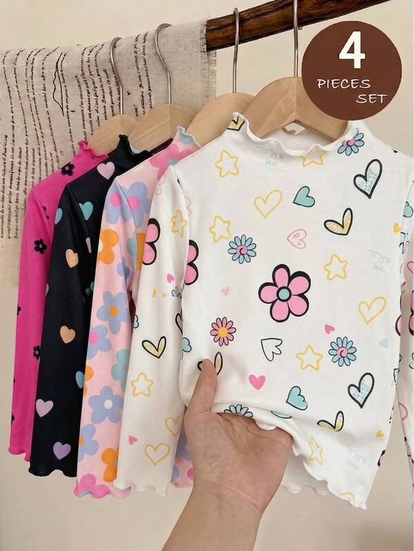 4pcs/Set, Young Girls Knit Floral Heart Pattern Printed Ruffle Collar Casual Long Sleeve T-Shirt Top, Suitable For Autumn/Winter Wear, Back To School Casual Solid Basic Slim Fit Top
