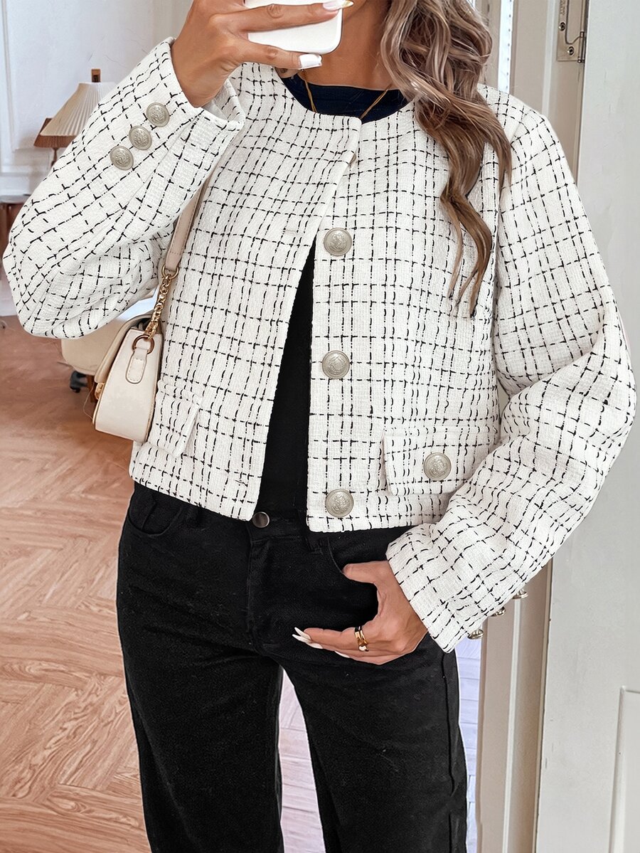 Struktiv Women's Autumn/Winter Metal Button Short Wool Coat - Black and White - View 1