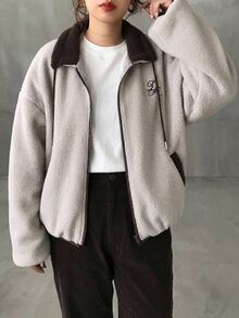 Dazy Plus Fleece Colorblock Patchwork Korean Style Preppy Versatile Warm Jacket Coat, New Autumn/Winter - Light Grey - View 6