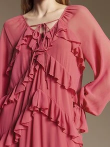Ontre 女款玫瑰紅長袖洋裝，荷葉邊拼接設計，現代都市時尚商務休閒辦公穿搭，低調老錢風優雅高端通勤機場造型，舒適百搭高品質長洋裝 - 乾枯玫瑰色 - 查看 6