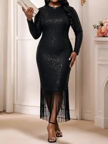SHEIN Lady CURVE فستان سهرة فاخر أسود شتوي بمقاسات كبيرة، أنيق وجذاب ورومانسي، مزين بالترتر، بأكمام طويلة، لحفلات الهالوين والسهرات والحفلات الراقصة ورأس السنة - الأسود - مشاهدة 3