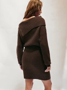 SHEIN 女款復古時尚金屬扣飾針織洋裝 - 咖啡棕 - 查看 3