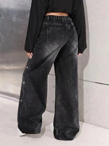 SHEIN 女童亮面線條水鑽黑色牛仔寬鬆長褲 - 黑色 - 查看 6