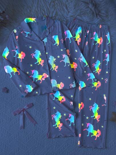 Tween Girls Tween Girl Cute Pony Print Loungewear Set Casual Home Wear Versatile