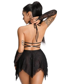 AltBold Halloween Spider Web Sheer Sexy Deep V-Neck Halter Cross Strap Dress With Sleeves 3-Piece Set - Black - View 2