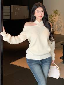 DAZY Autumn/Winter Cross Halter Neck Off Shoulder Loose Elegant Date Party Beige Women Sweater - Beige - View 7