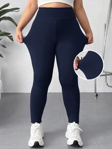 SHEIN PETITE CURVE 大尺碼女款高腰休閒百搭日常穿著緊身內搭褲 - 藏蓝色 - 查看 2