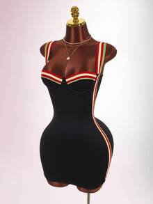 Amplova Women's Mini Bodycon Dress With Bust Detail, Underwire, Contrast Color, Flat Knit, Tight Fit And Bodycon - Black - View 3