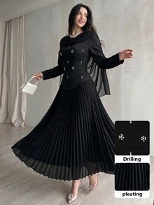 Modelyn طقم شال نسائي منسوج أسود بأكمام طويلة مزين بالراينستون وتصميم مطوي، رومانسي وأنيق للتنقل والحفلات والمواعيد والخروجات، طقم من قطعتين - الأسود - مشاهدة 1