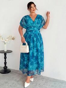 Firerie Women's New Elegant Vacation Commute Casual French Romantic Cross Pleated Batwing Sleeve Cinched Waist Umbrella Hem Long Dress, Umbrella Hem Long Dress, Elegant Romantic Long Dress, V-Neck Long Dress, Sexy Daily Elegant Commute Women's Long Dress, Spring/Summer Clothing, Elegant, Commute, Date, Party Dress, Graduation Dress, Wedding Guest Dress, Ball Gown, Formal Occasion - Blue - View 5