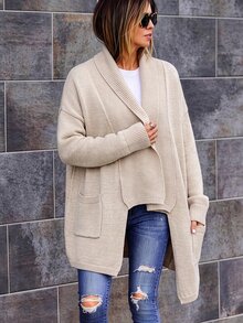 Wandoria Women's Autumn New Single Piece Lapel Hem Split Design Pocket Versatile Loose Regular Fit Solid Color Daily Commute Elegant High-End Knit Cardigan Top - Apricot - View 3