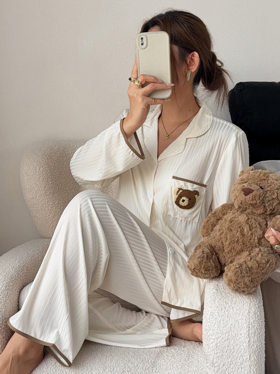 Napfluff Asian Apricot Knit Striped Cute Bear Patch Pocket Trim Long Sleeve Pants Loungewear Set - Apricot - View 1