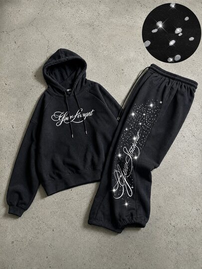 Conjunto casual de sudadera con capucha de manga larga con cordón y estampado gráfico y pantalones de chándal para hombre
