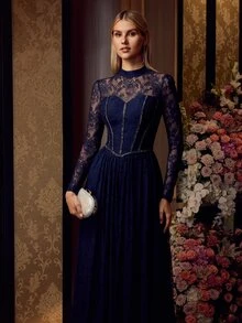 MOTF PREMIUM WOMEN'S ELEGANT MOCK NECK LONG SLEEVES LACE MAXI GOWN FOR FORMAL EVENING PARTY, WEDDINGS, GALAS - Navy Blue - View 6