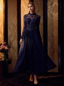MOTF PREMIUM WOMEN'S ELEGANT MOCK NECK LONG SLEEVES LACE MAXI GOWN FOR FORMAL EVENING PARTY, WEDDINGS, GALAS - Navy Blue - View 8