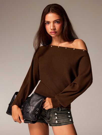 Athîral Women's Relaxed Fit Coffee Brown Fine-Knit Top,Asymmetric Cold Shoulder Neck,Metal Eyelet Detail,Solid,Autumn Modern Chic Party Wear,Pretty Blouses