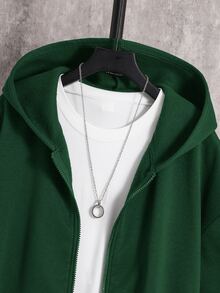 SHEIN 青少年男孩寬鬆綠色拉鍊連帽衛衣外套，秋季夾克，休閒學院風，柔軟面料，適合冬季、街頭穿搭、畢業季、開學季 - 綠色 - 查看 3