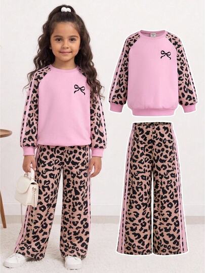 Young Girl Autumn/Winter Casual Lightweight Sports Outfit, Leopard Print Top With Cute Bow Front Decor, Paired With Y2K Retro Double Stripe Leopard Print Long Pants Set, Suitable For Casual Activities, Street Style And Sports Wear, Christmas