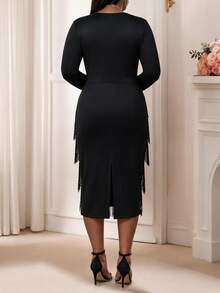 SHEIN Lady فستان حفلة أنيق متعدد الطبقات مع شراريب مقاس كبير - الأسود - مشاهدة 2