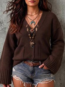 Ceyna Plus Size Women's Straight Long Sleeve Cardigan Sweater With Pockets, Suitable For Daily Outings And Home Wear Winter - Coffee Brown - View 4