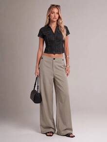 Avantive Women's Solid Color Pocket Wide Leg Loose Casual Suit Pants - Khaki - View 4