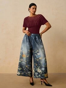 Travachic 大尺碼女款拼色休閒優雅百搭針織上衣，適合日常穿著、辦公室、早晨、晚間、晚餐與正式場合，深紫色，秋季 - 紅色 - 查看 6