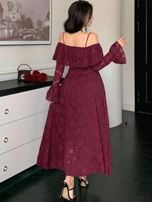 DAZY Solid Color Loose Lace Long Sleeve Off-Shoulder Umbrella Skirt Elegant Vacation Spring/Autumn Maternity Dress - Red - View 2